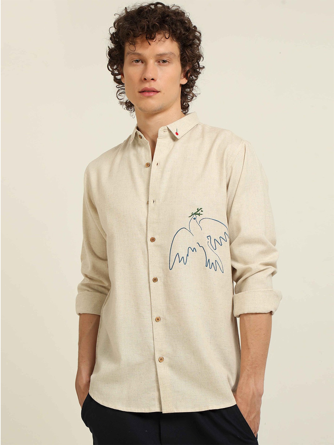 

HAMPTONS Dove Bird Embroidered Casual Shirt, Beige