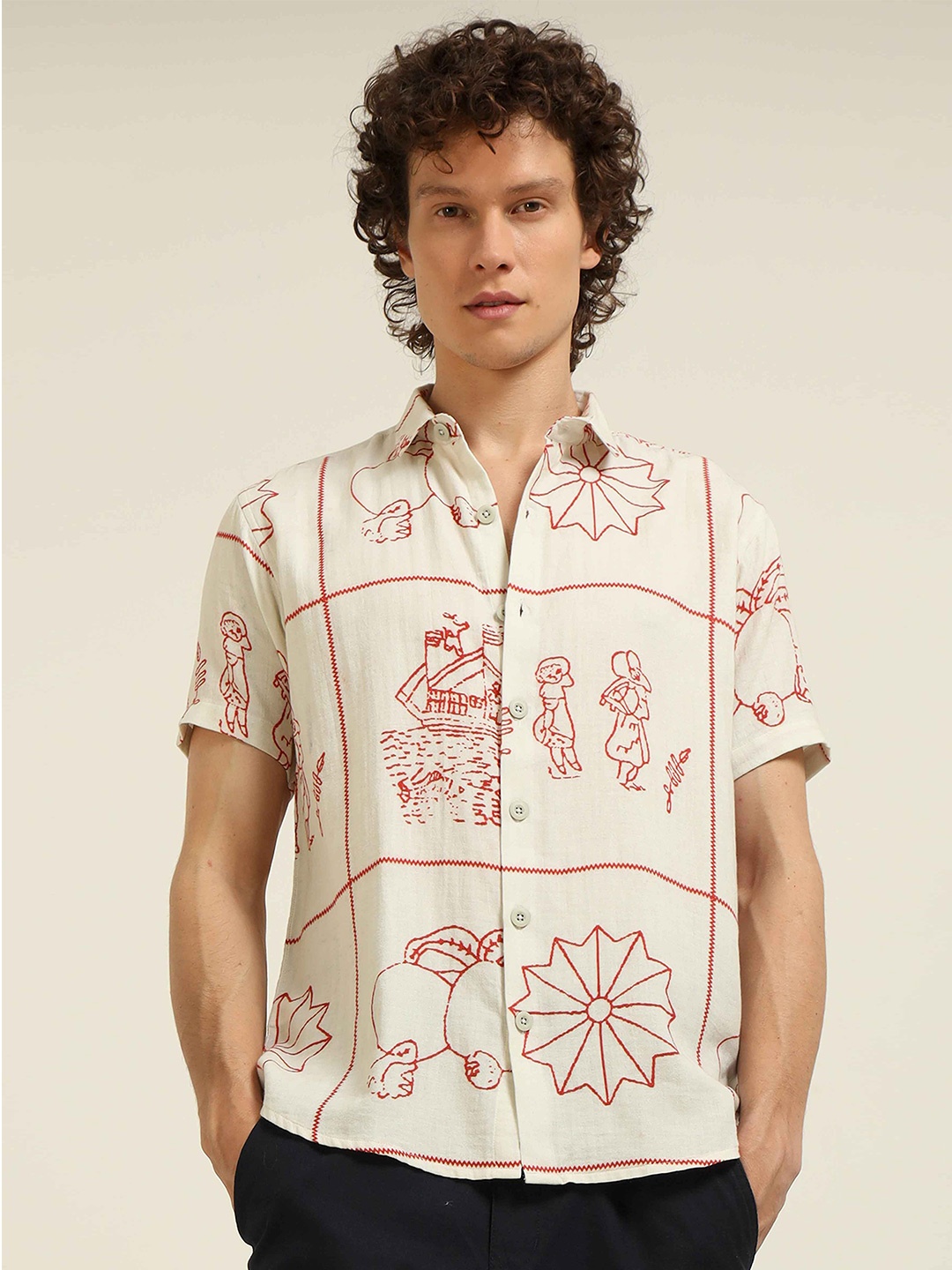 

HAMPTONS Cotton Story Printed Casual Shirt, Off white