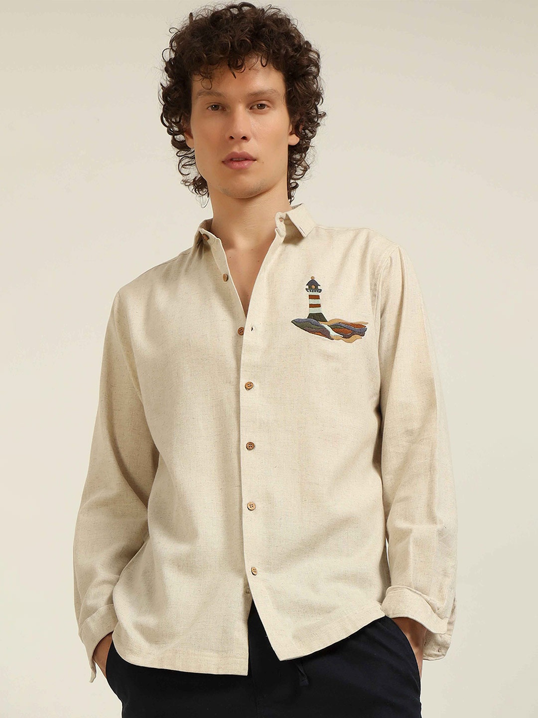 

HAMPTONS Lighthouse Motif Embroidered Casual Shirt, Beige