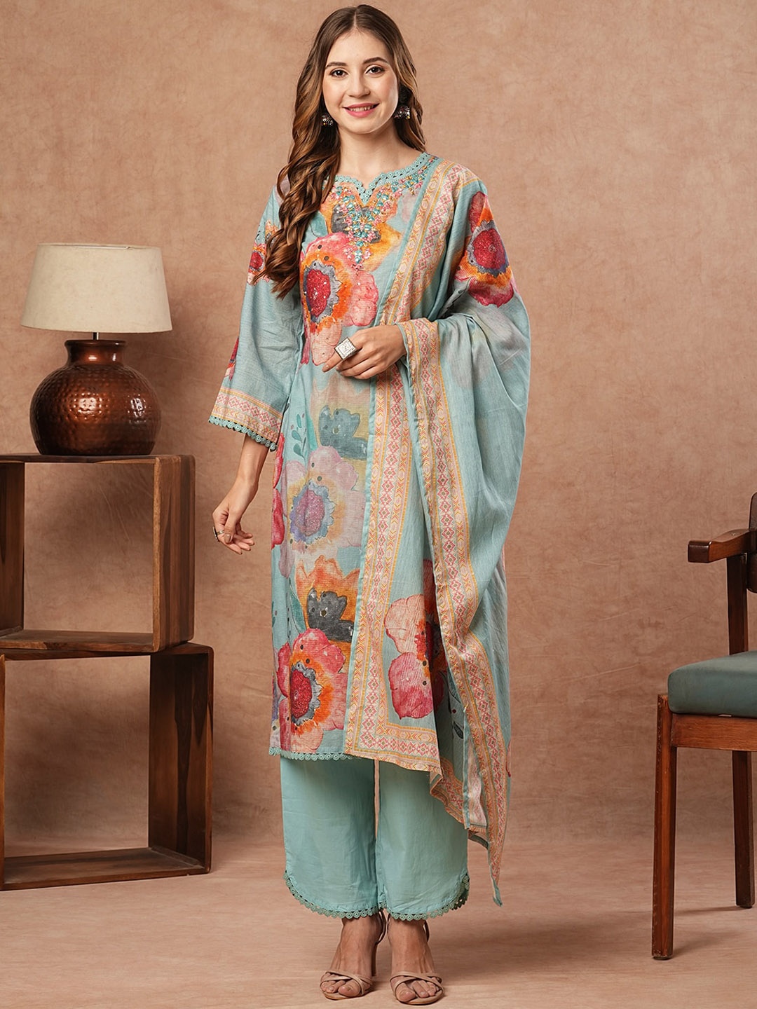 

FASHOR Floral Printed Mirror Work Pure Cotton Straight Kurta With Trouser & Dupatta, Blue