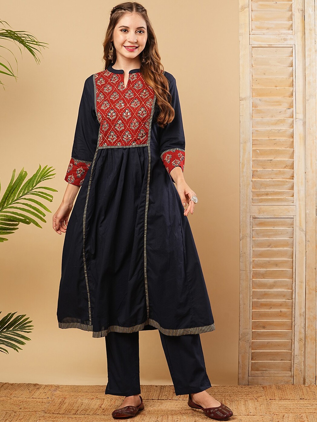 

FASHOR Floral Embroidered Pleated Sequinned Pure Cotton A-Line Kurta With Trousers, Blue