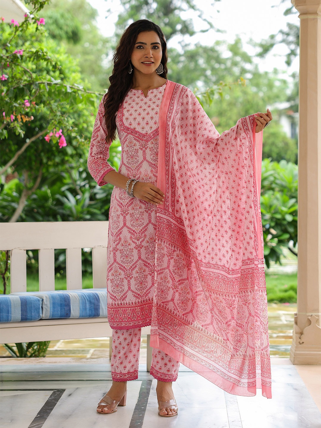 

FASHOR Ethnic Motifs Printed Sequinned Pure Cotton Kurta with Trousers & Dupatta, Pink