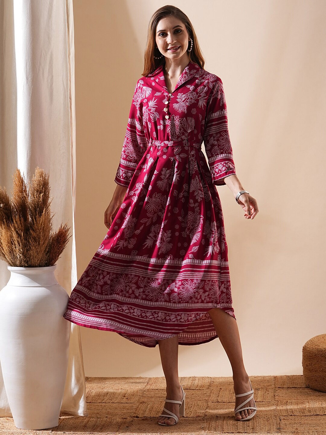 

FASHOR Floral Print Shirt Collar Puff Sleeve A-Line Midi Dress, Maroon