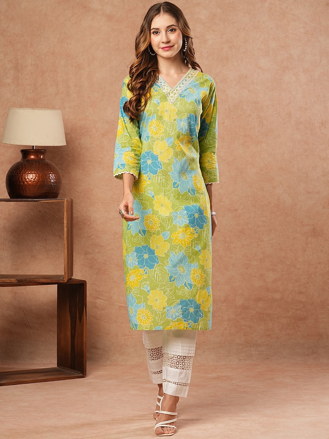 

FASHOR Floral Printed Mirror Work Cotton Straight Kurta, Lime green