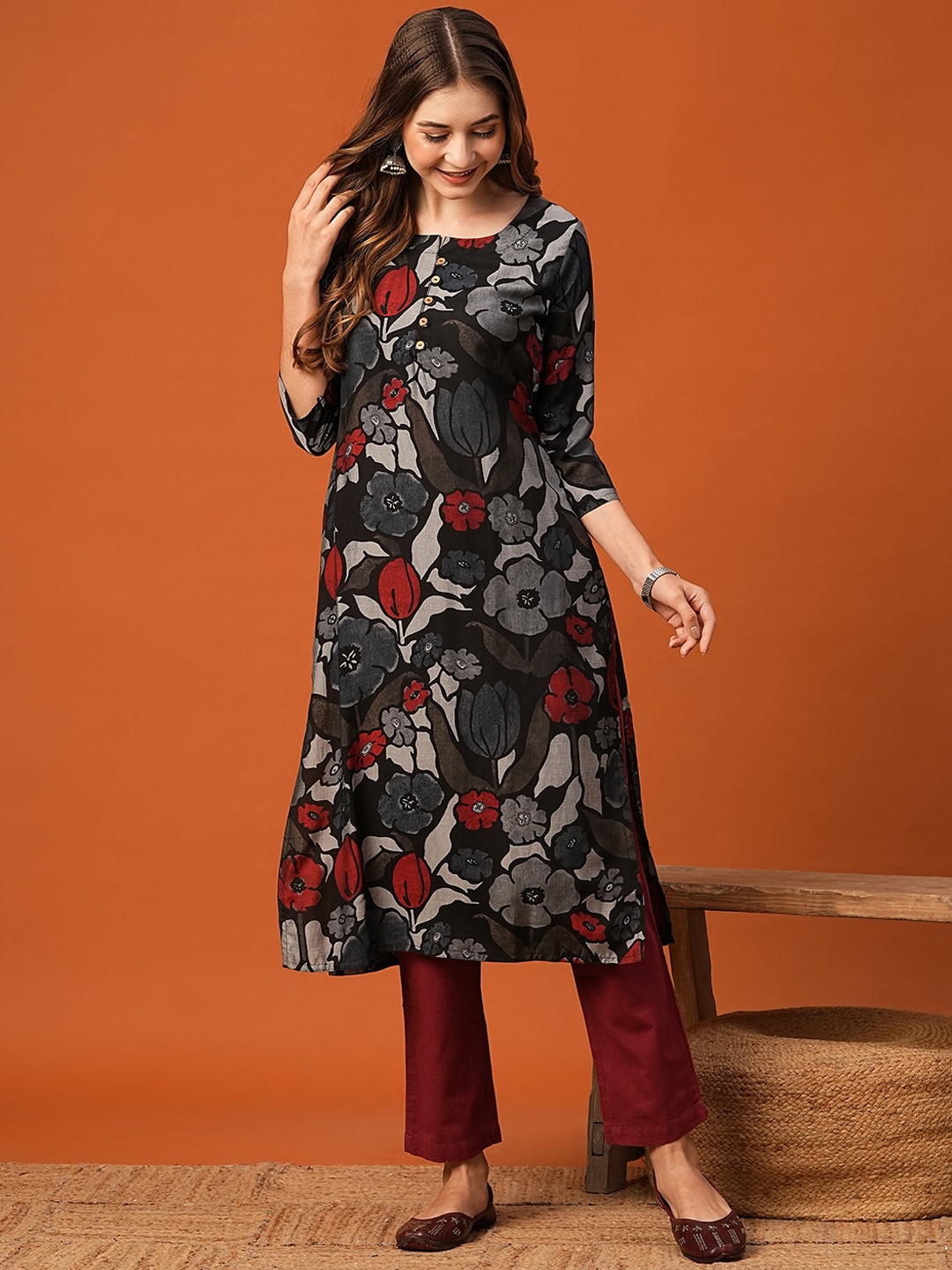 

FASHOR Floral Printed Straight Kurta, Black