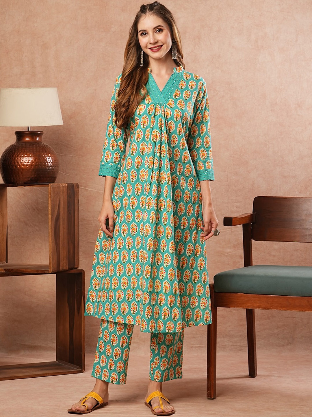 

FASHOR Ethnic Motifs Printed Pleated Pure Cotton Anarkali Kurta With Trouser, Turquoise blue