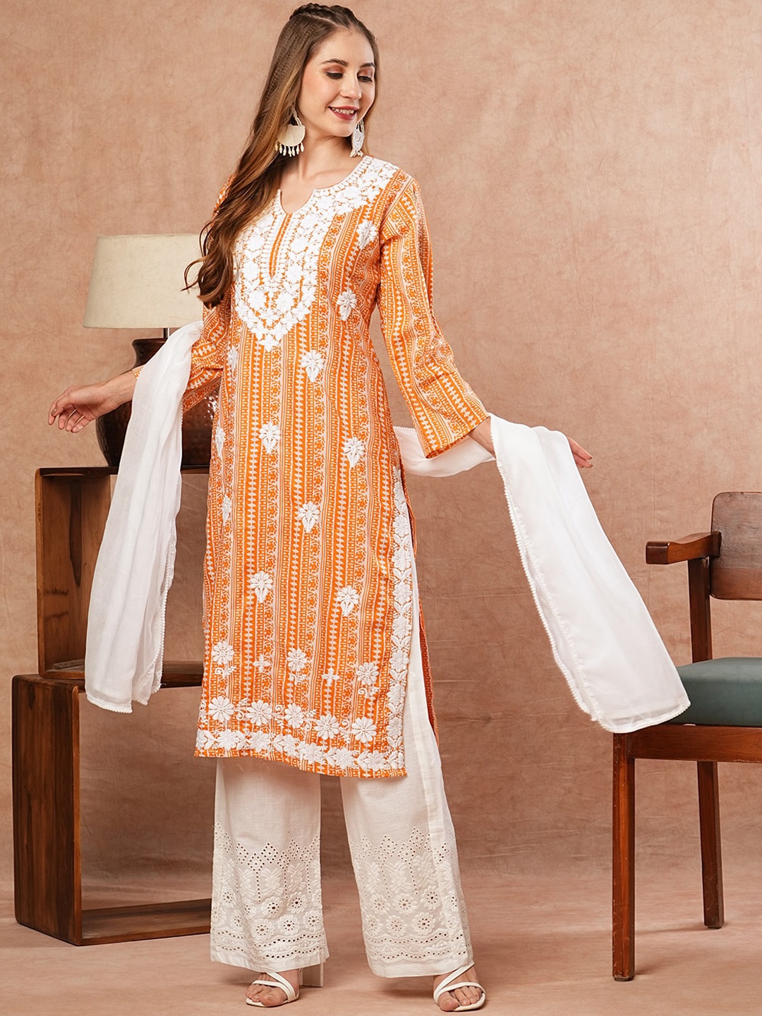 

FASHOR Ethnic Motifs Thread Work Pure Cotton Straight Kurta with Palazzos & Dupatta, Orange