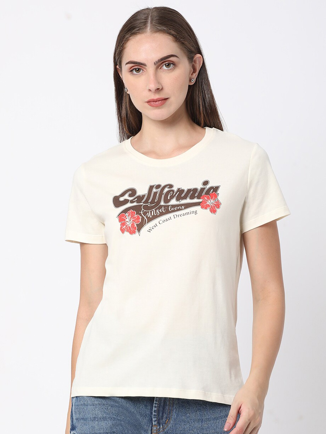 

R&B Women Typography Printed T-shirt, White
