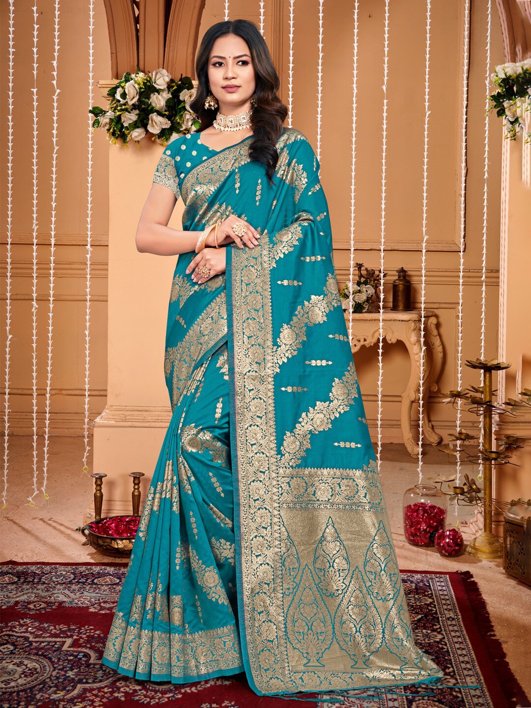 

Fashion Petals Ethnic Motifs Woven Design Saree, Sea green