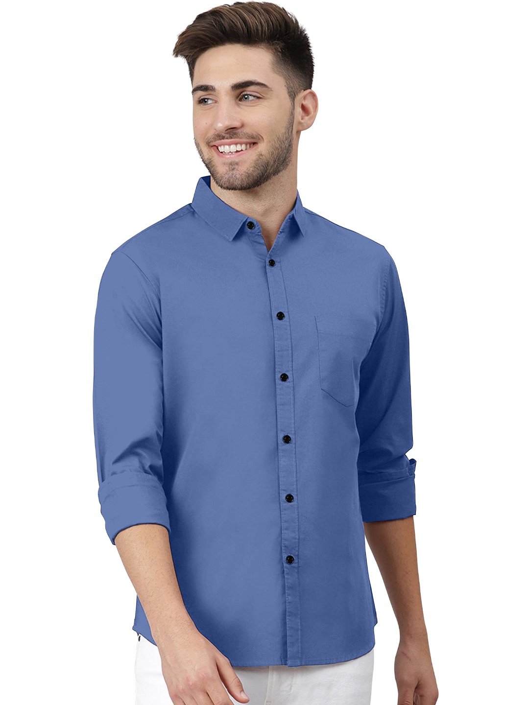 

KHUSHI CREATION Classic Self Design Spread Collar Casual Shirt, Blue