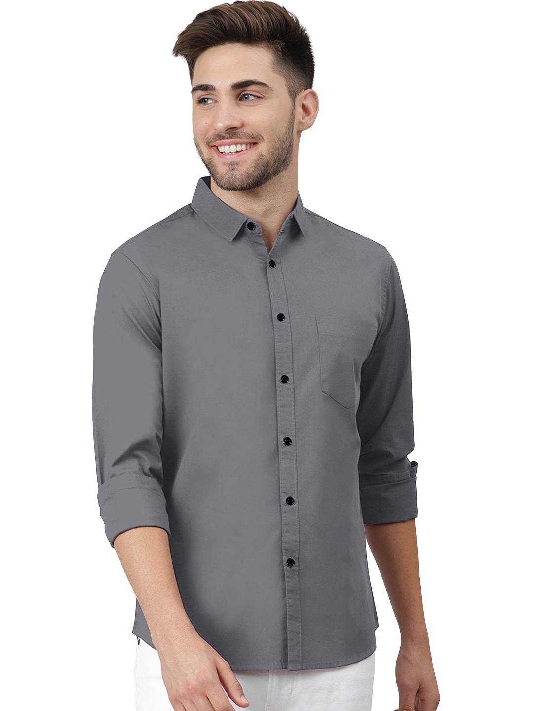 

KHUSHI CREATION Classic Self Design Spread Collar Casual Shirt, Grey