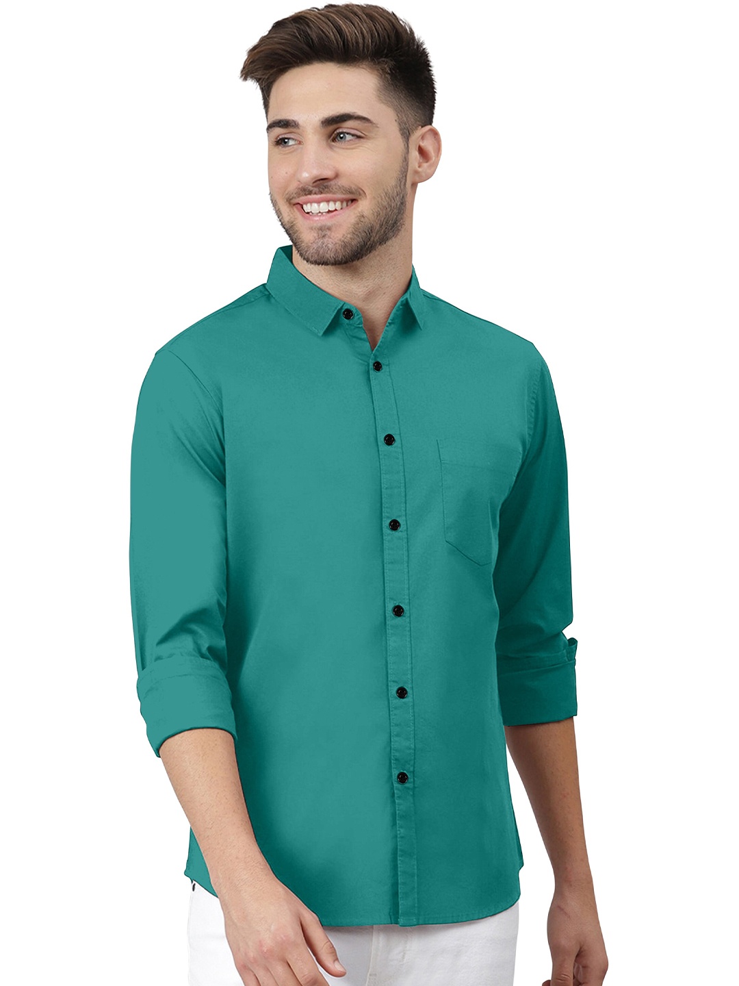 

KHUSHI CREATION Classic Self Design Spread Collar Casual Shirt, Turquoise blue