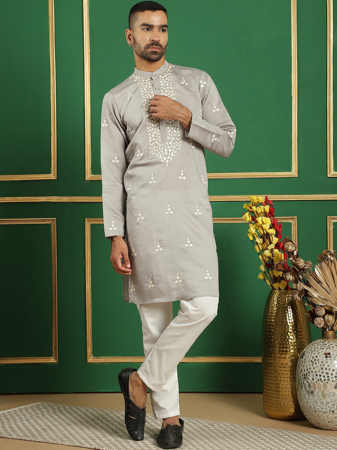 

Anouk Embroidered Mandarin Collar Long Sleeves Chikankari Kurta with Pyjamas, Grey