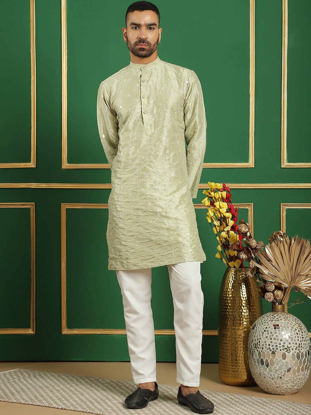 

Anouk Green Embroidered Mandarin Collar Mirror Work Straight Kurta With Pyjama