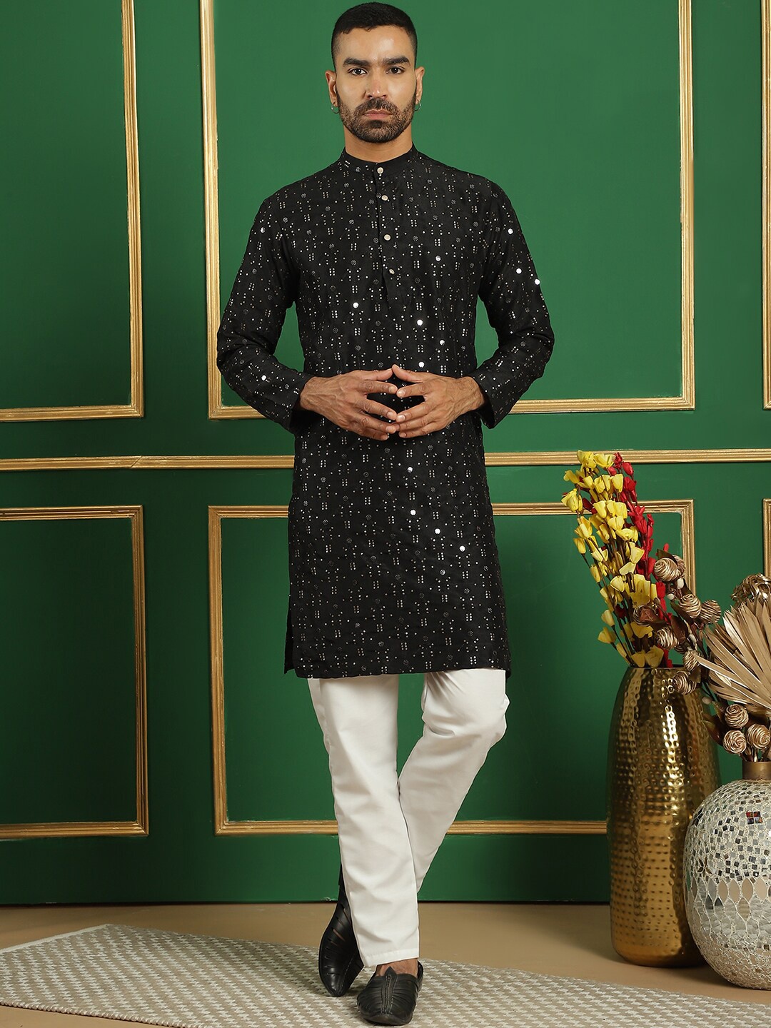 

Anouk Embroidered Mandarin Collar Long Sleeves Mirror Work Kurta with Pyjamas, Black