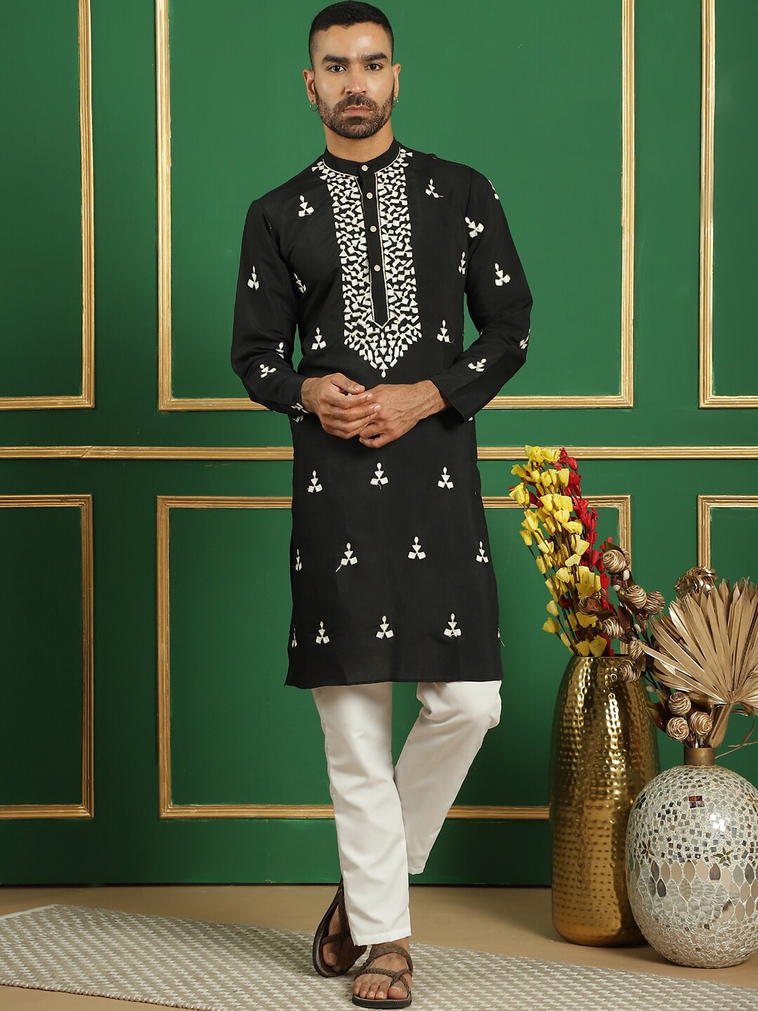 

Anouk Black Embroidered Mandarin Collar Chikankari Straight Kurta With Pyjama