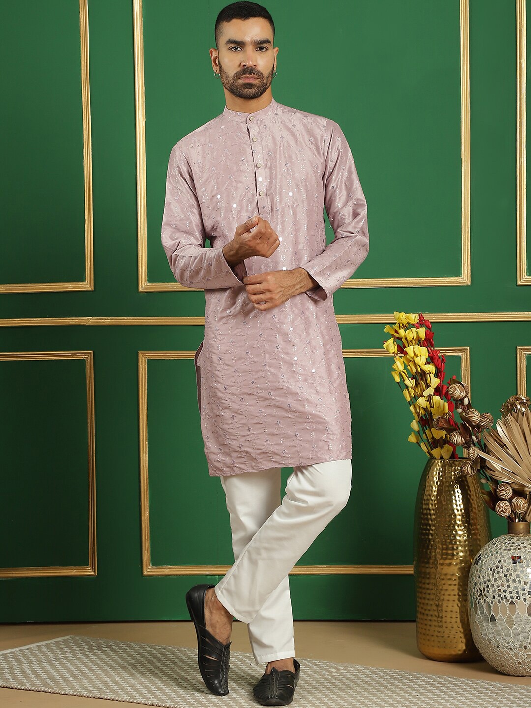 

Anouk Embroidered Regular Mirror Work Kurta With Pyjamas, Purple