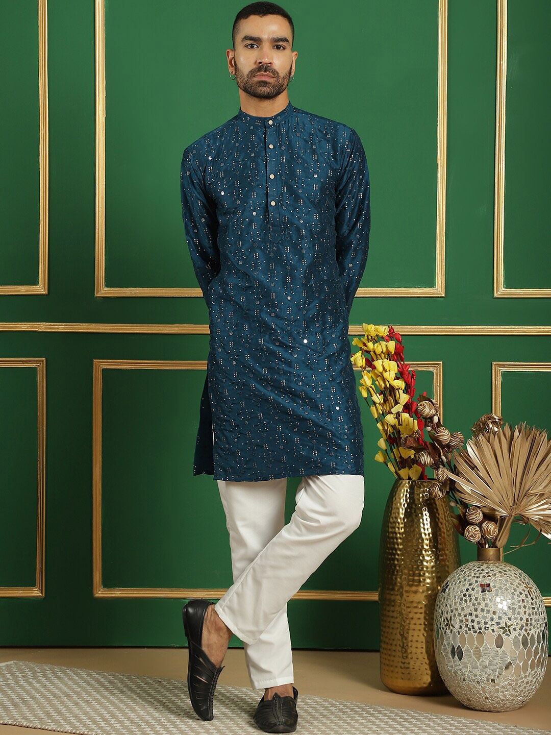 

Anouk Embroidered Mandarin Collar Long Sleeves Mirror Work Kurta with Pyjamas, Blue