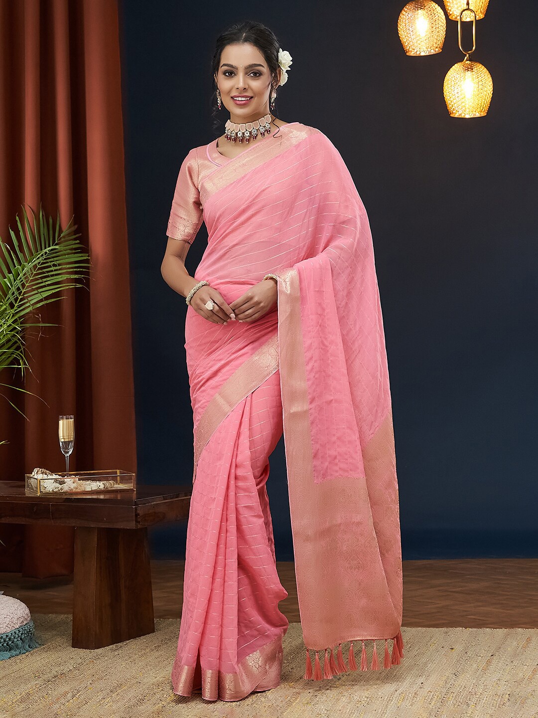 

FLOURIOUS Striped Zari Pure Chiffon Banarasi Saree, Pink