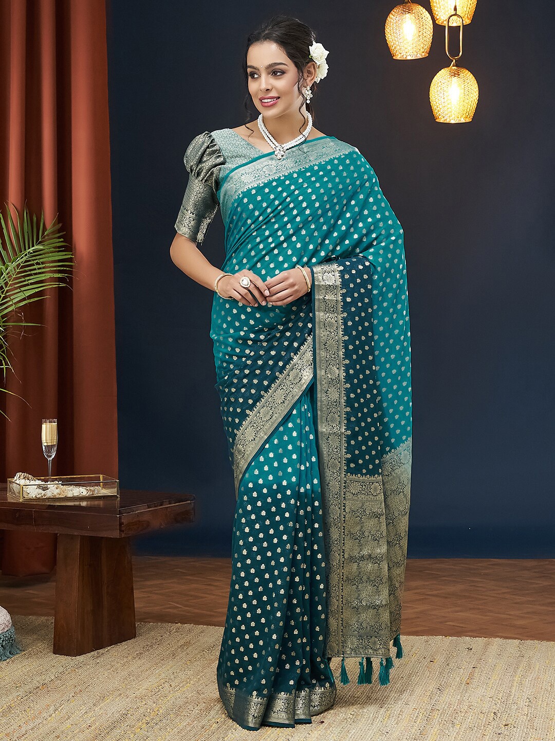 

FLOURIOUS Floral Pure Georgette Banarasi Saree, Turquoise blue