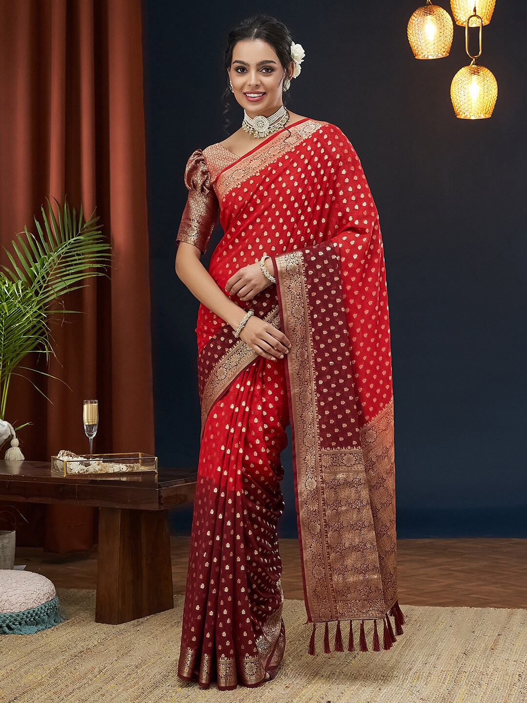 

FLOURIOUS Polka Dots Woven Design Zari Pure Georgette Banarasi Saree, Red