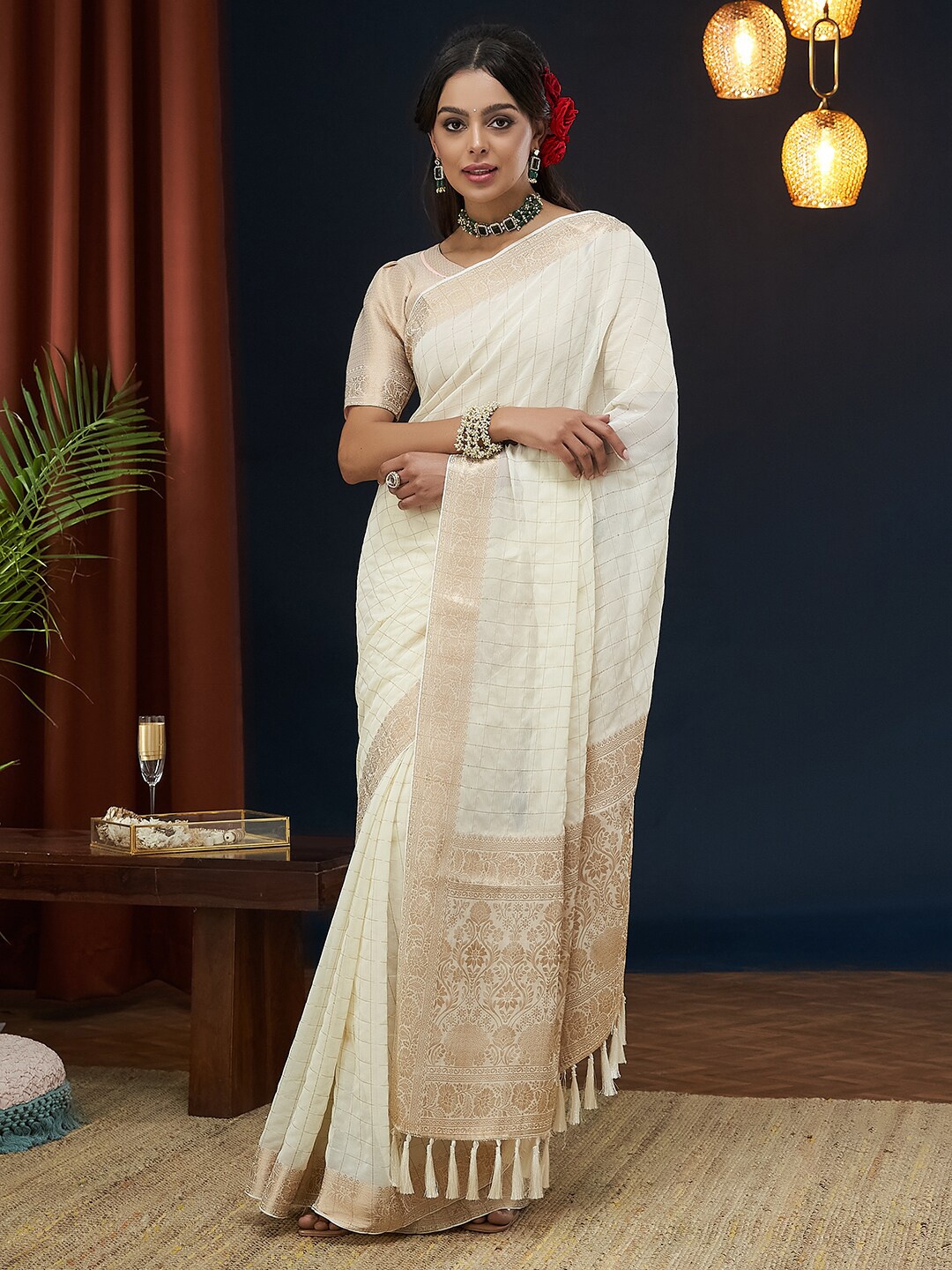 

FLOURIOUS Ethnic Motifs Woven Design Pure Chiffon Banarasi Saree, Cream