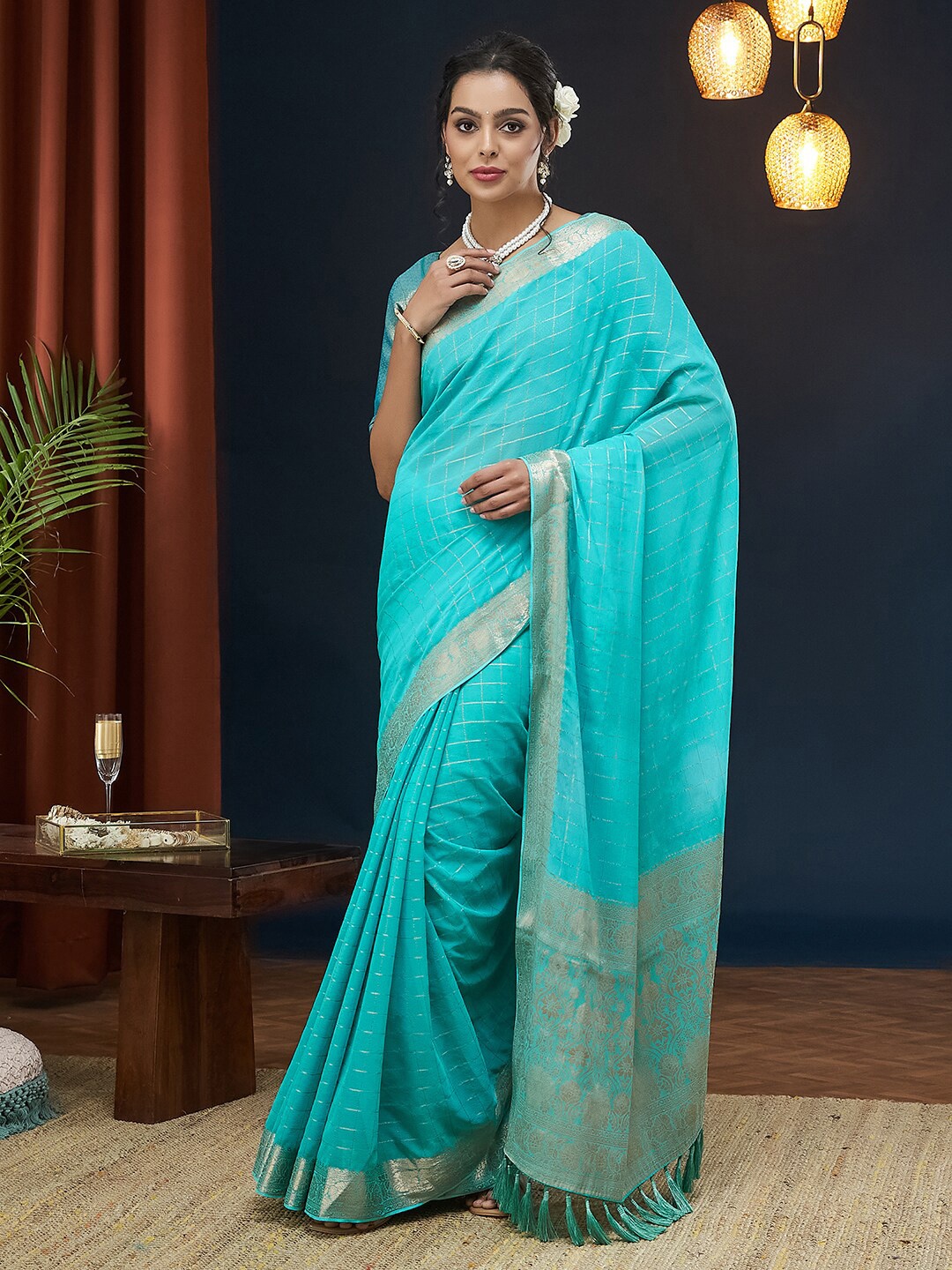 

FLOURIOUS Striped Woven Design Zari Pure Chiffon Saree, Sea green