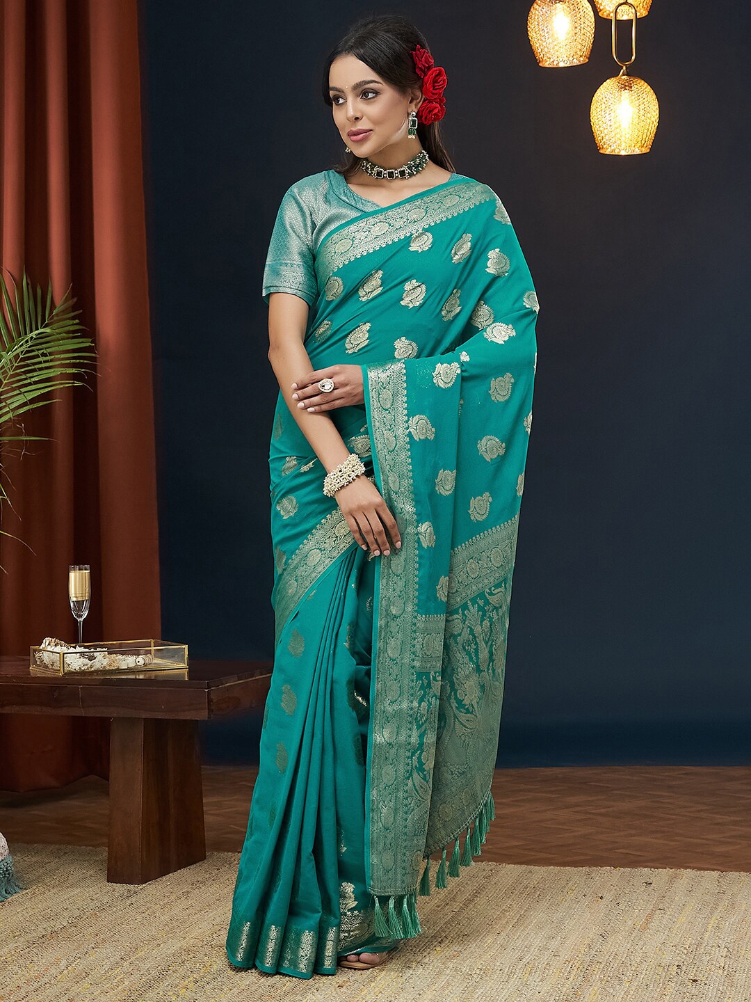 

FLOURIOUS Floral Pure Georgette Banarasi Saree, Turquoise blue