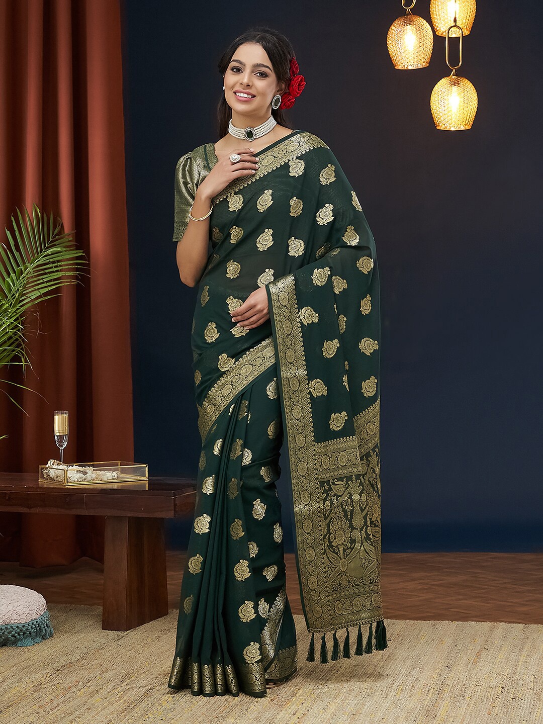 

FLOURIOUS Ethnic Woven Design Zari Pure Georgette Banarasi Saree, Green