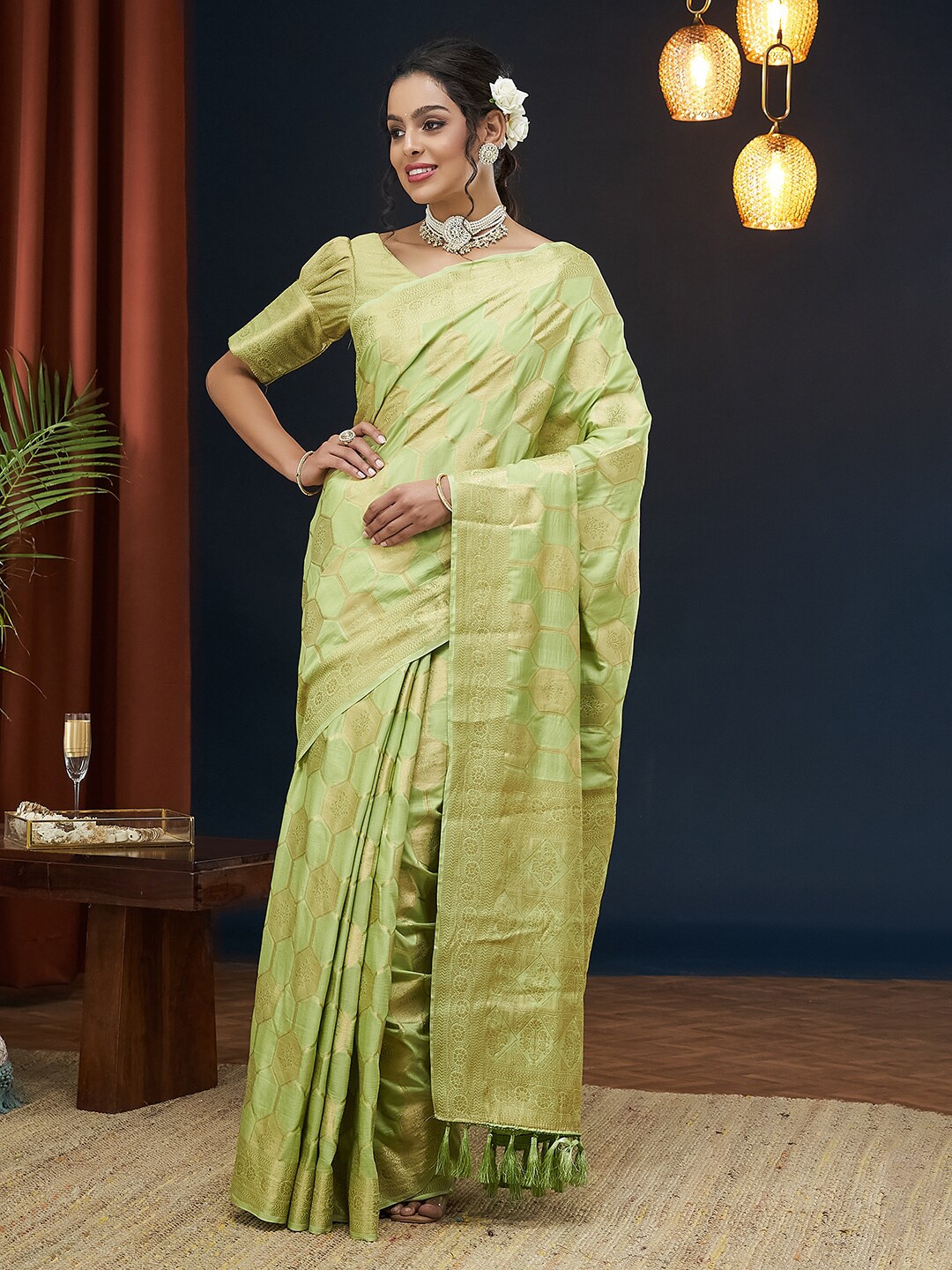 

FLOURIOUS Floral Woven Design Pure Silk Kanjeevaram Saree, Sea green