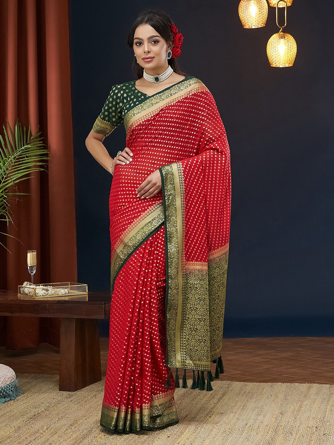 

FLOURIOUS Ethnic Motifs Woven Design Zari Pure Georgette Bhagalpuri Saree, Red
