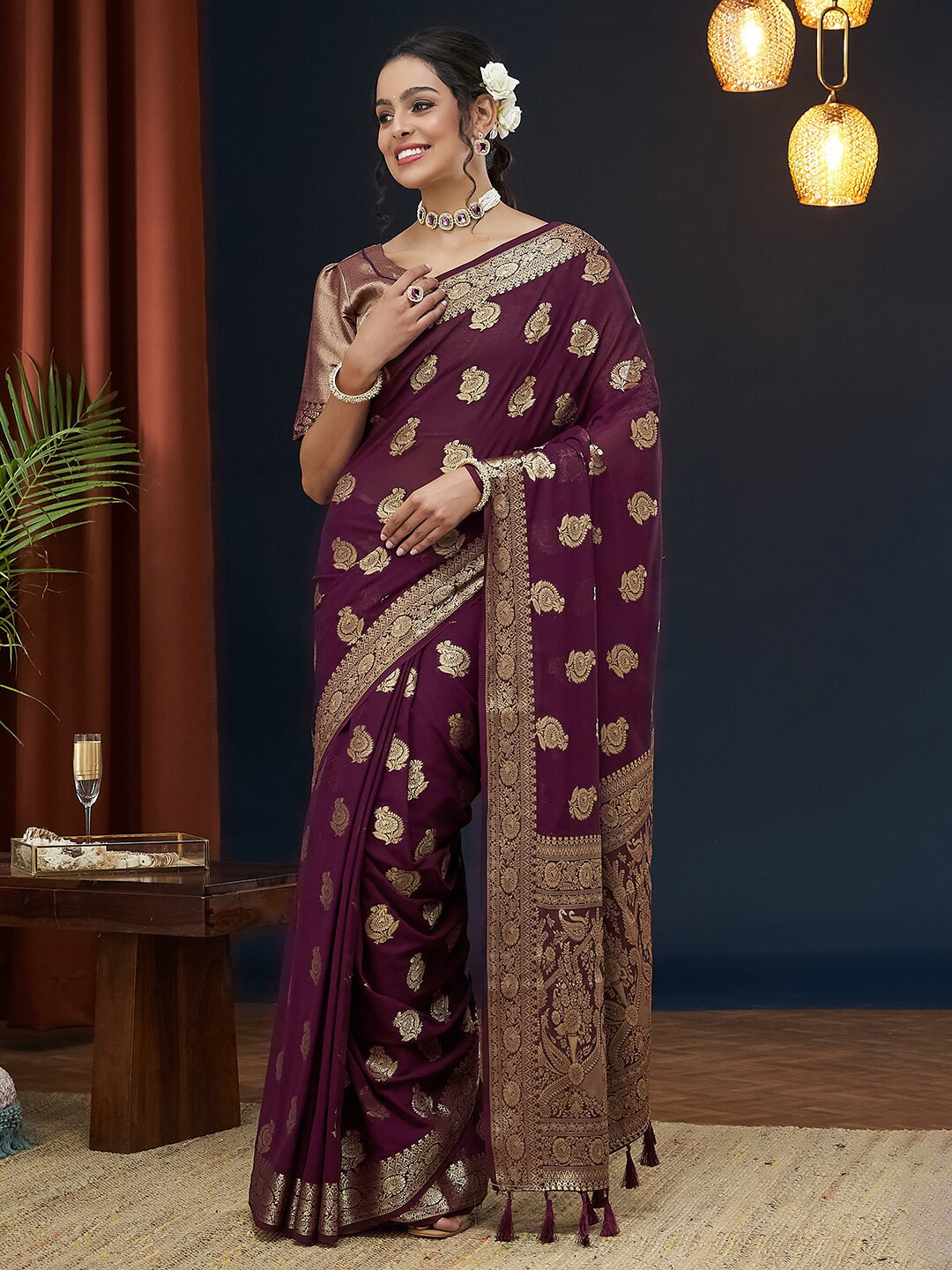 

FLOURIOUS Ethnic Motifs Woven Design Zari Pure Georgette Banarasi Saree, Purple