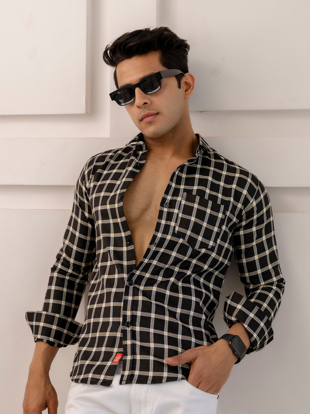 

SURHI Relaxed Shepherd Checks Checked Cotton Casual Shirt, Black