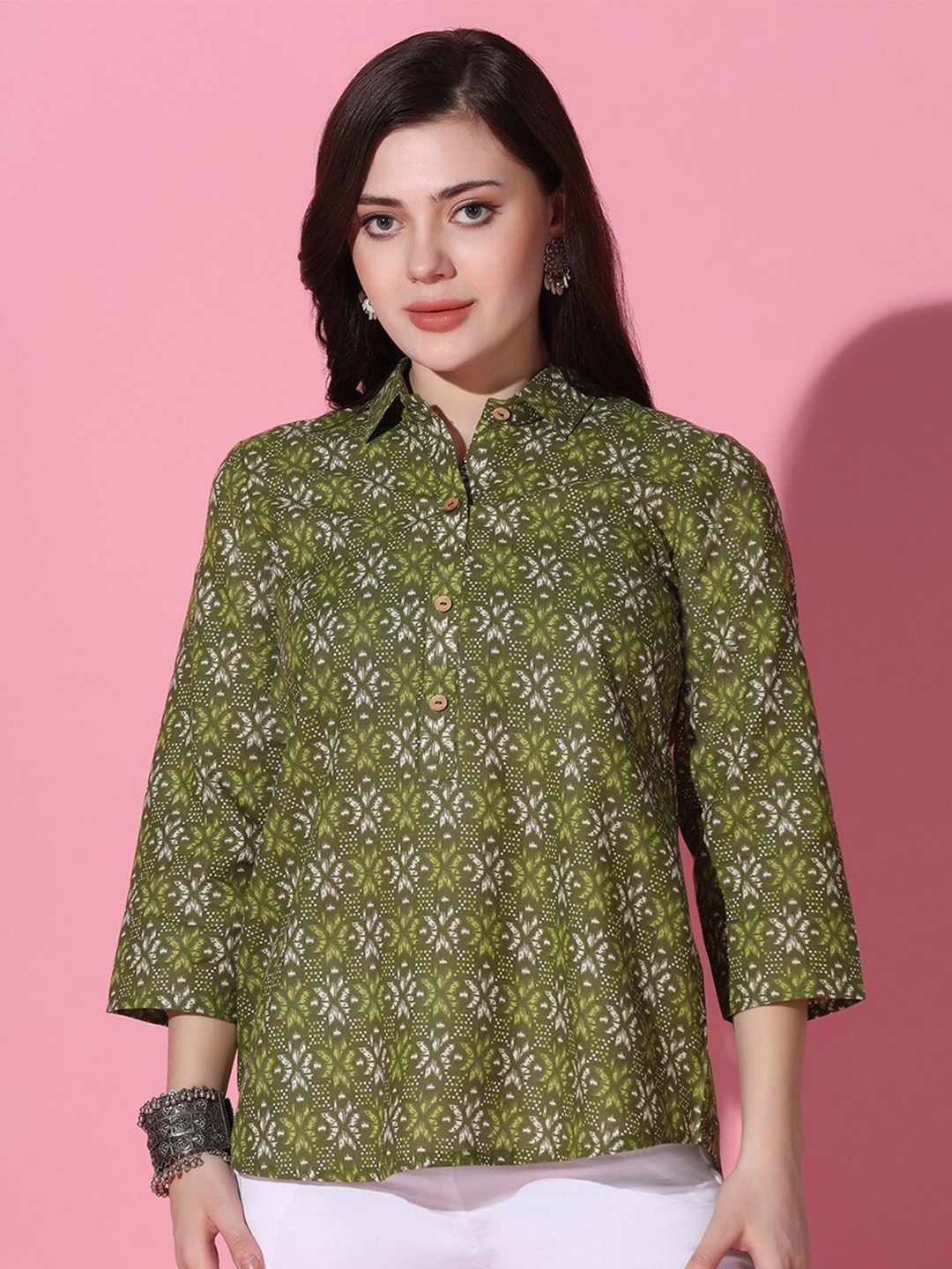 

FASHION DREAM Ethnic Motifs Printed Shirt Style Cotton Top, Green
