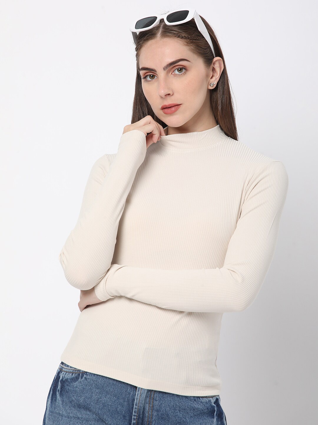 

R&B Ribbed High Neck Fitted Top, Beige