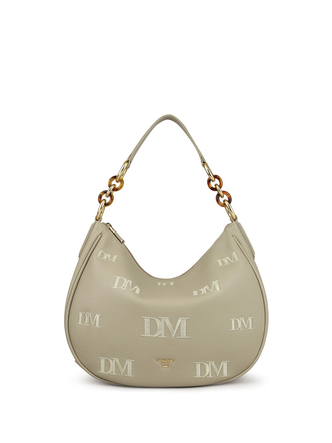 

Da Milano Typography Textured Zip Detail Leather Hobo Bag, Green