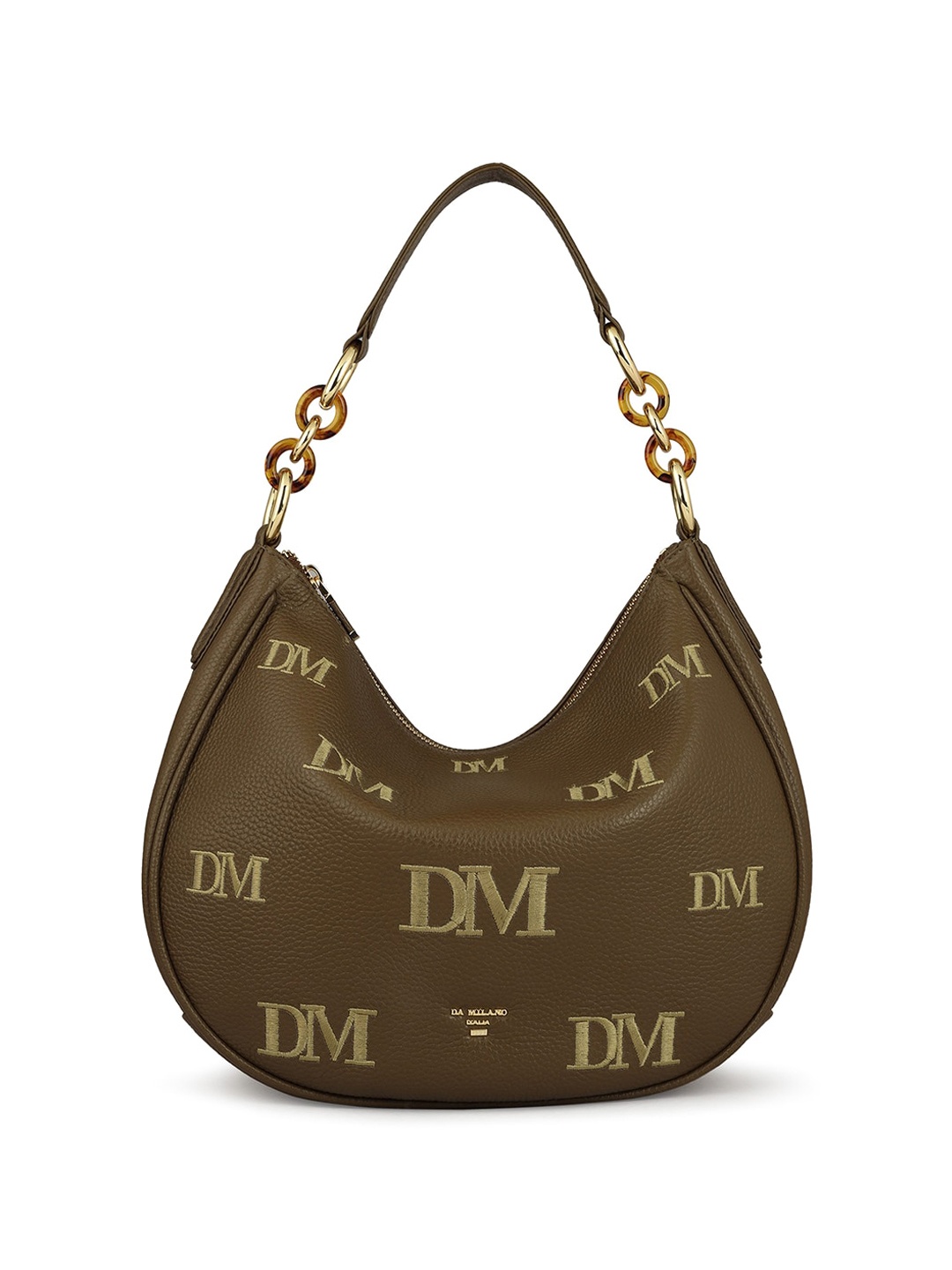

Da Milano Typography Textured Embroidered Detail Leather Handheld Bag, Brown