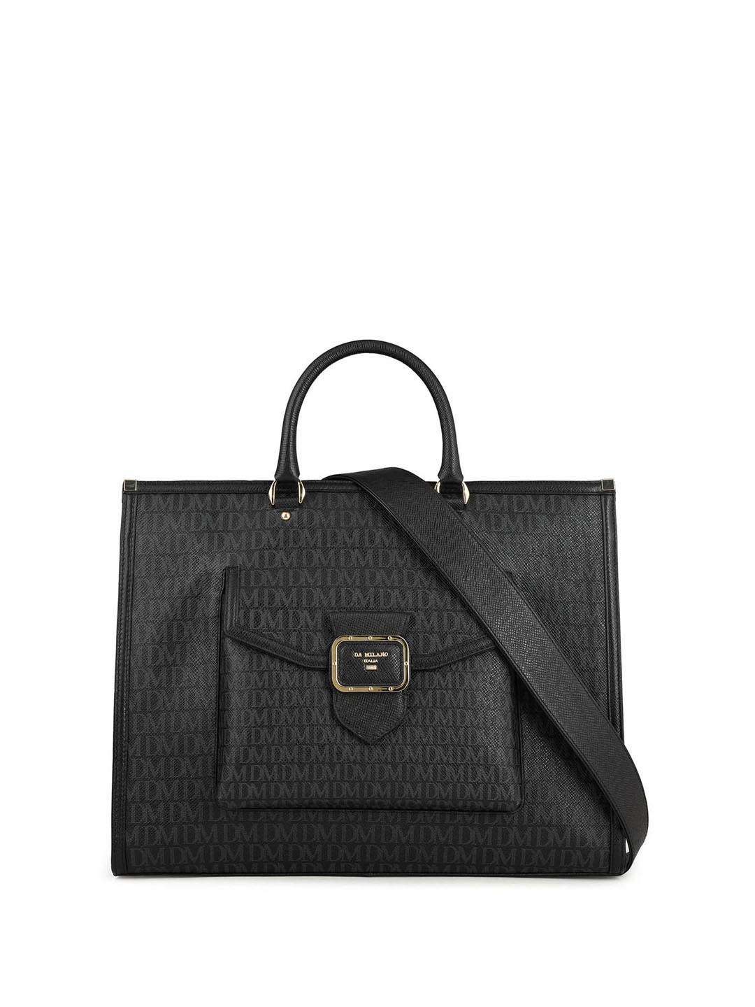 

Da Milano Brand Logo Printed Structured Leather Handheld Bag, Black
