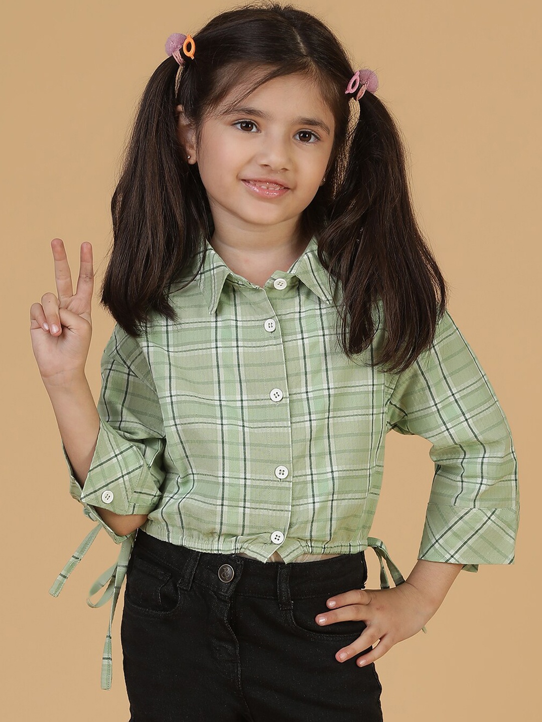 

TALES & STORIES Checked Cotton Shirt Style Crop Top, Green