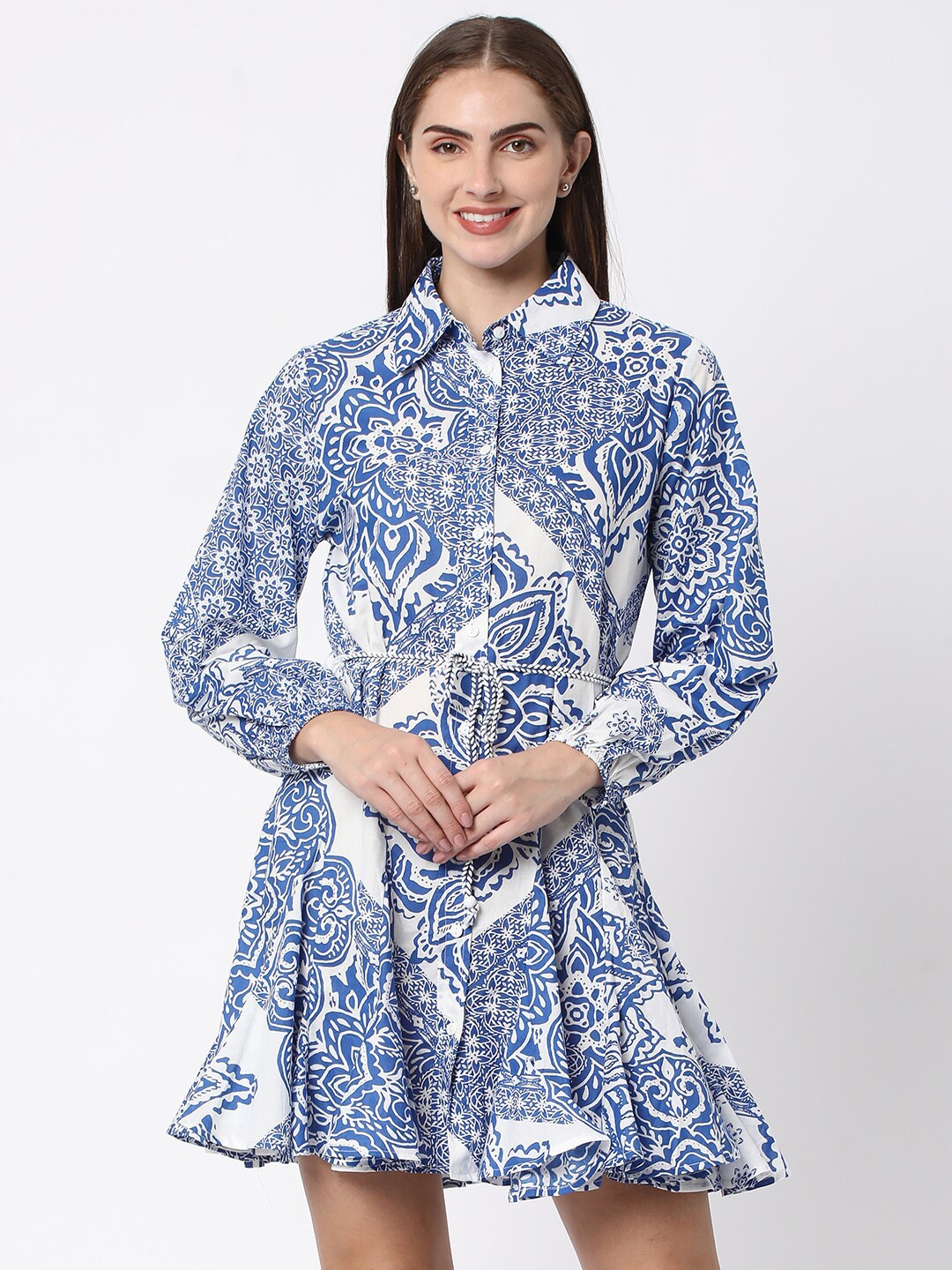 

R&B Shirt Collar Puff Sleeves Cotton A-Line Dress, Blue