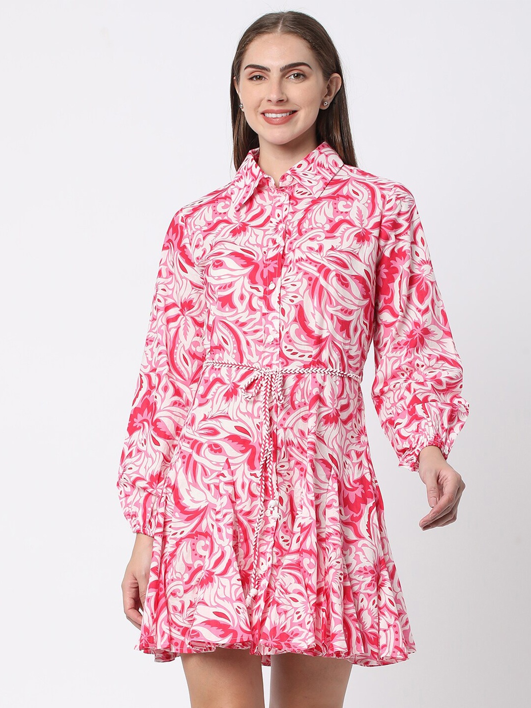 

R&B Shirt Collar Puff Sleeves Cotton A-Line Dress, Pink