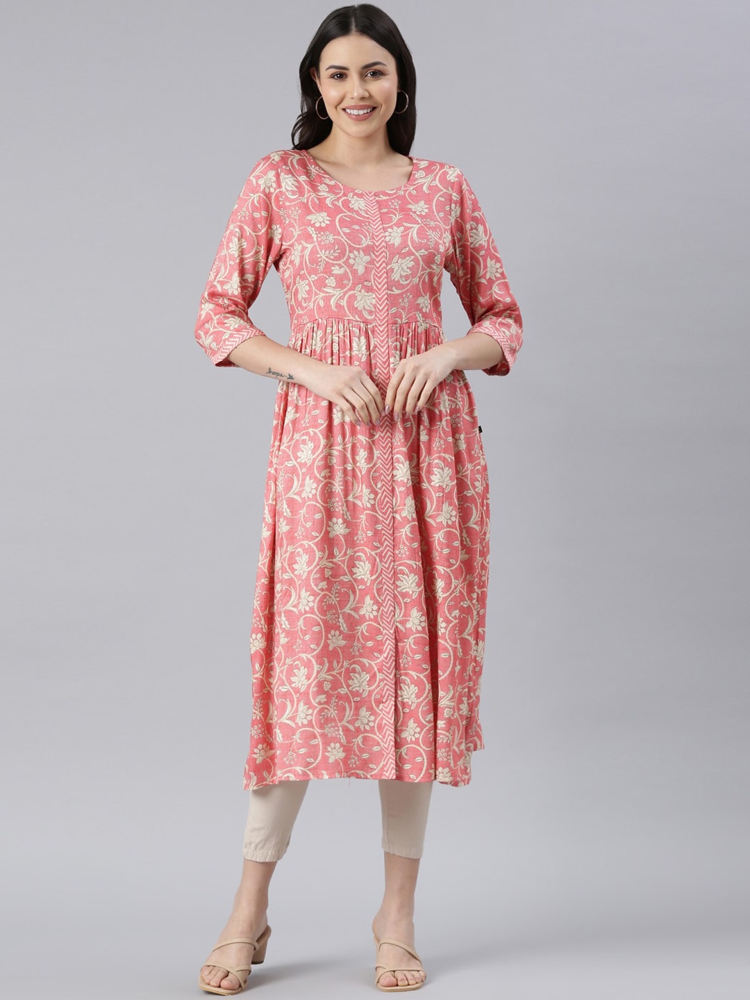 

Samhitas Women Floral Printed Round Neck Anarkali Kurta, Coral