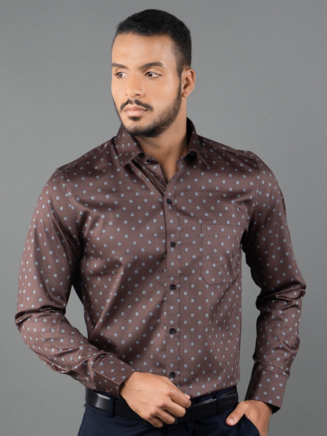 

LOUIS STITCH Comfort Floral Opaque Printed Pure Cotton Formal Shirt, Brown