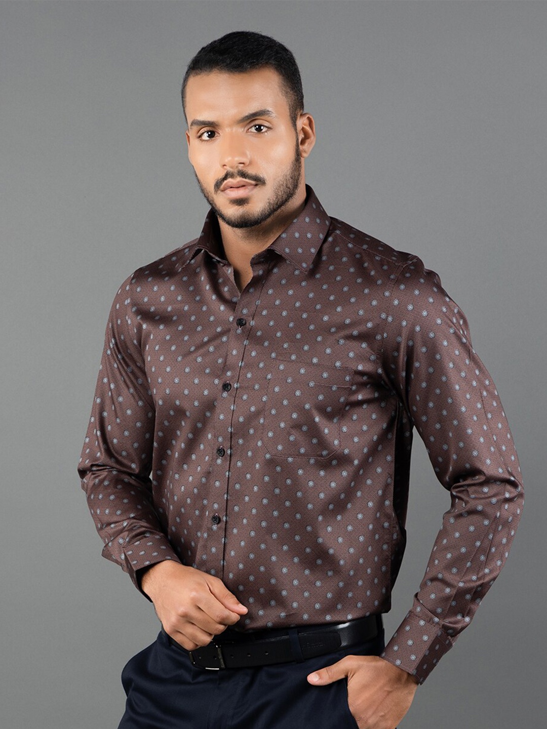LOUIS STITCH Comfort Floral Opaque Printed Pure Cotton Formal Shirt, Brown