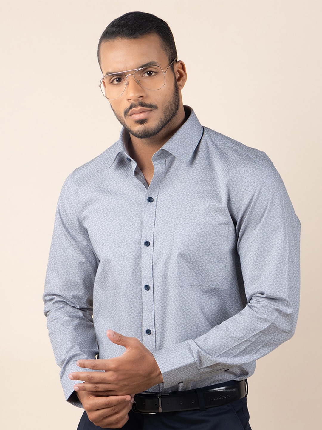 LOUIS STITCH Comfort Floral Opaque Printed Pure Cotton Formal Shirt, Grey