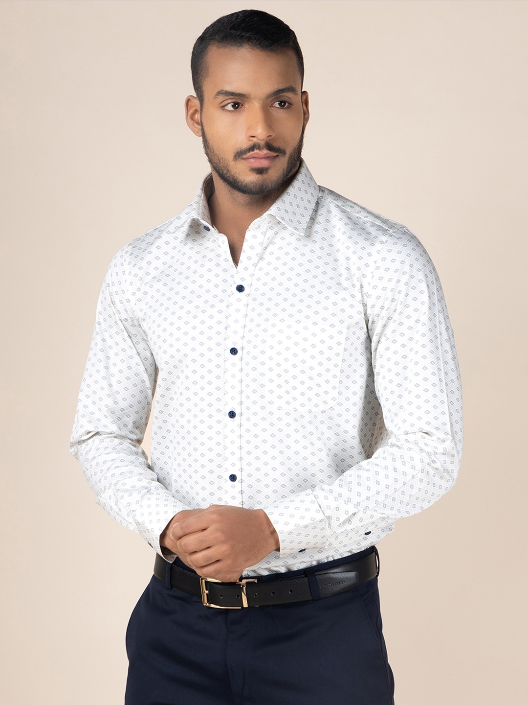 

LOUIS STITCH Geometric Printed Comfort Cotton Opaque Formal Shirt, White