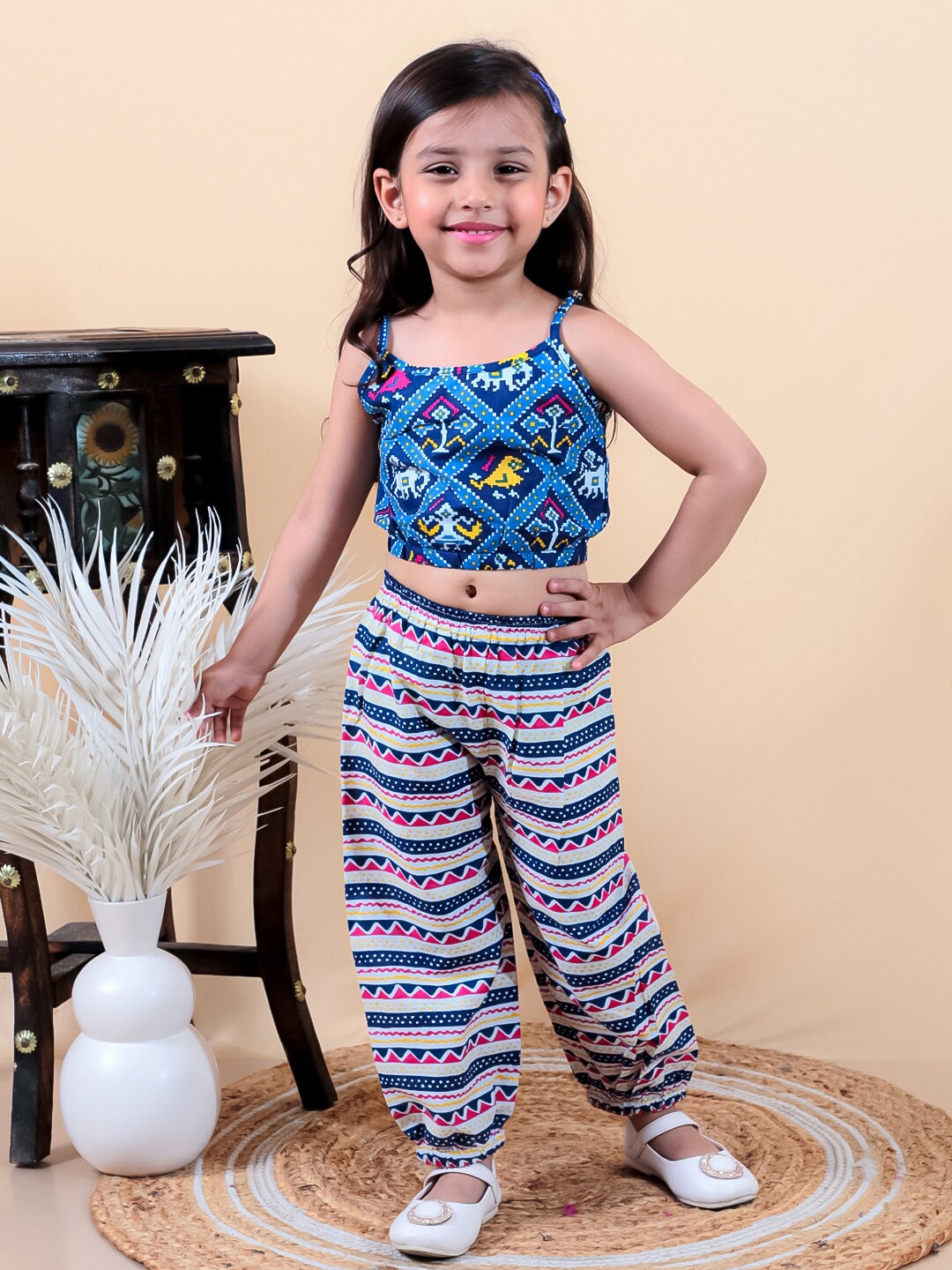 

JUNITOS Girls Printed Square Neck Sleeveless Pure Cotton Top with Pyjamas, Blue