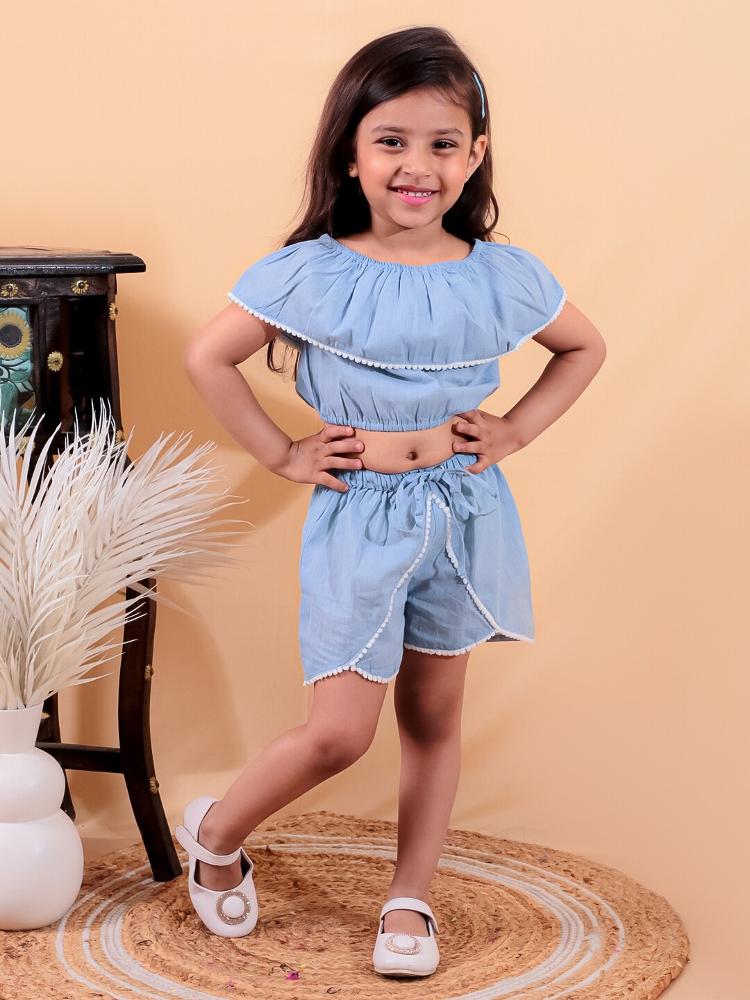 

JUNITOS Girls Round Neck Sleeveless Pure Cotton Top with Shorts, Blue