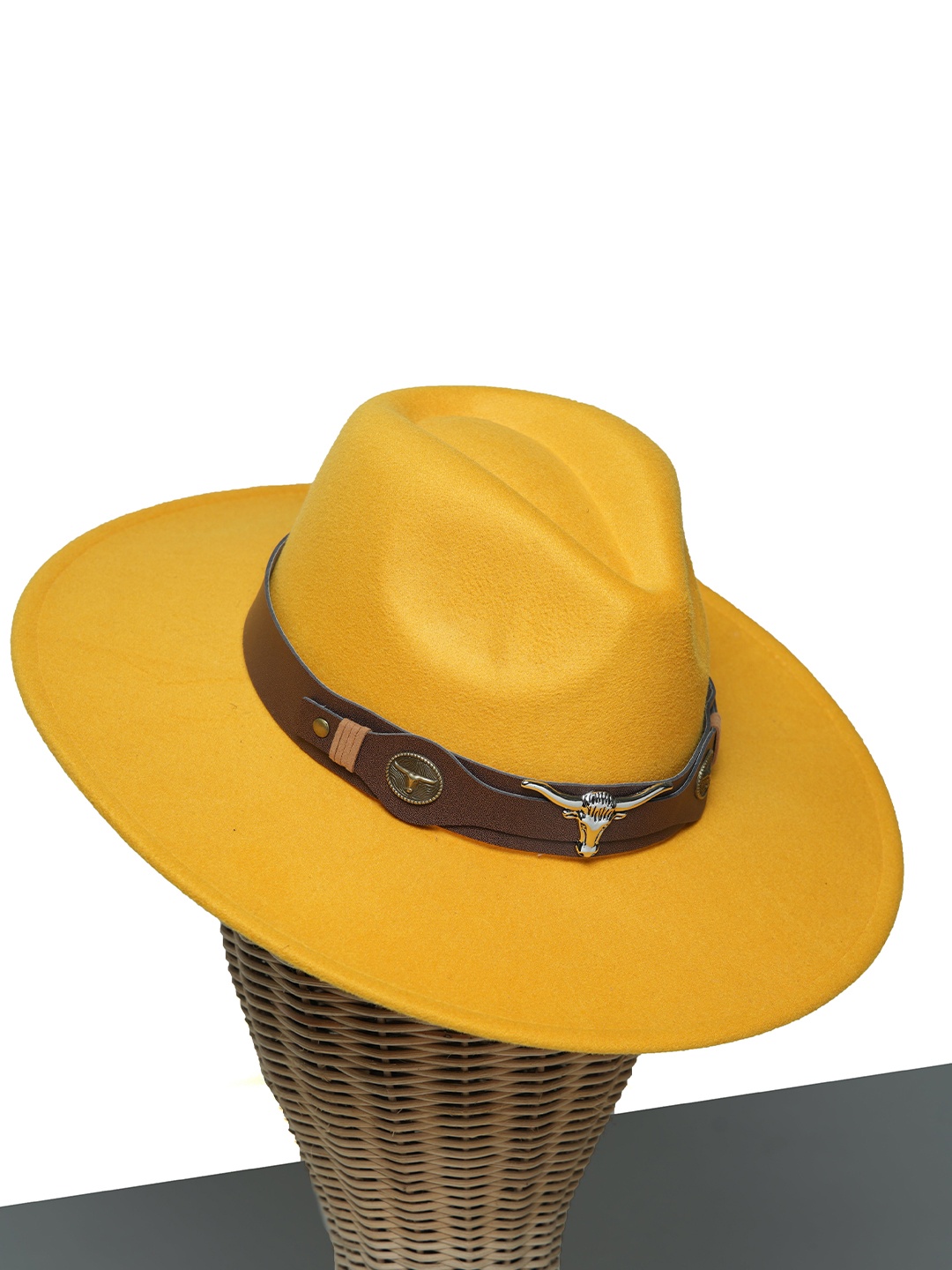 

CHOKORE Men Fedora Hat With Ox Head Belt, Yellow