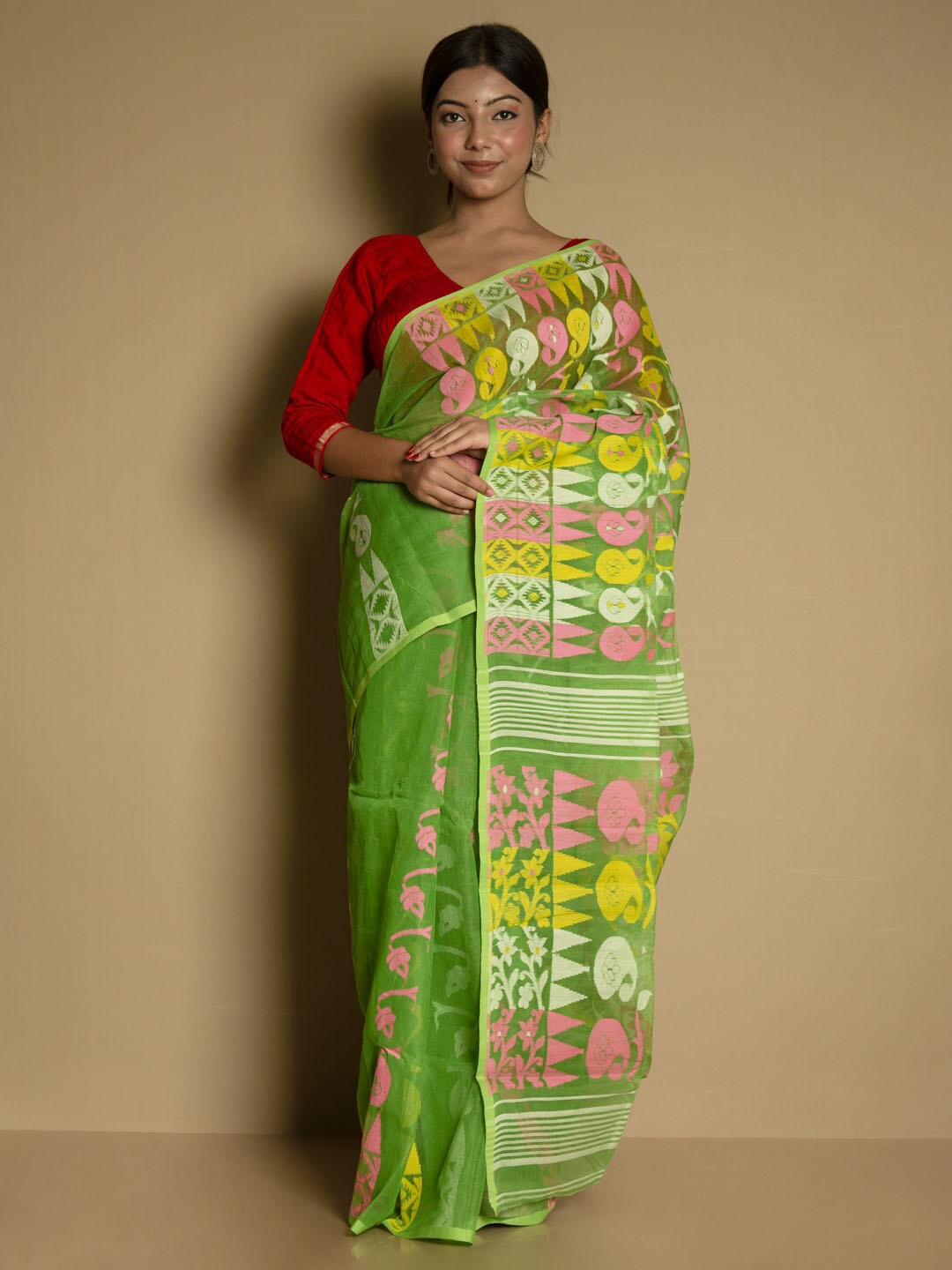 SARIKA Ethnic Motifs Pure Cotton Saree, Green